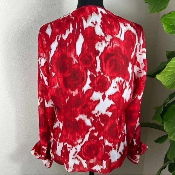 Anne Klein Red White Sheer Floral Blouse Top Size Large - Picture 2 of 12